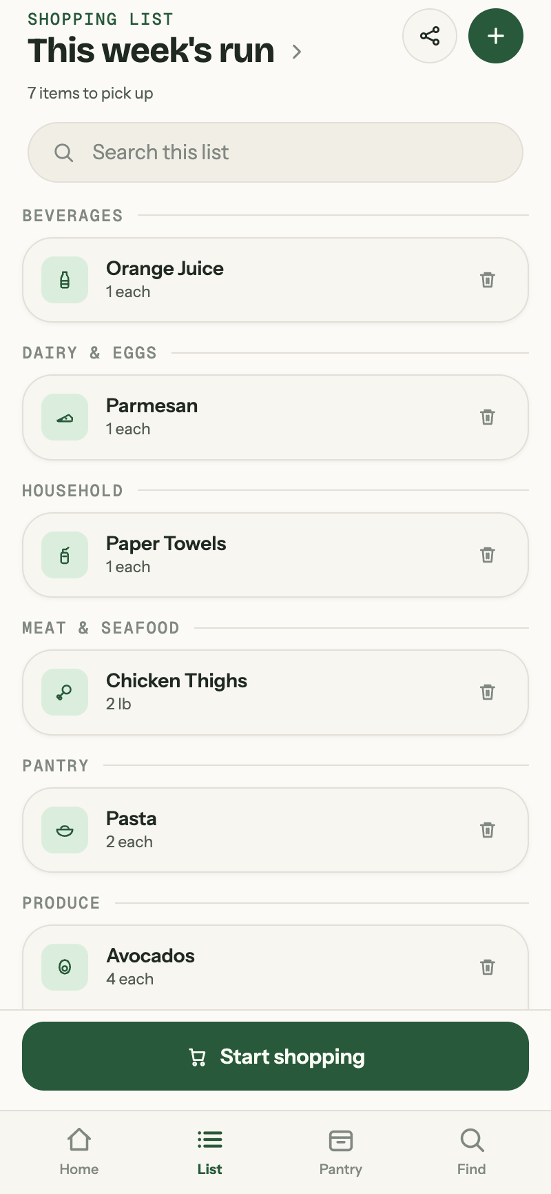 Crate shopping list organised by category