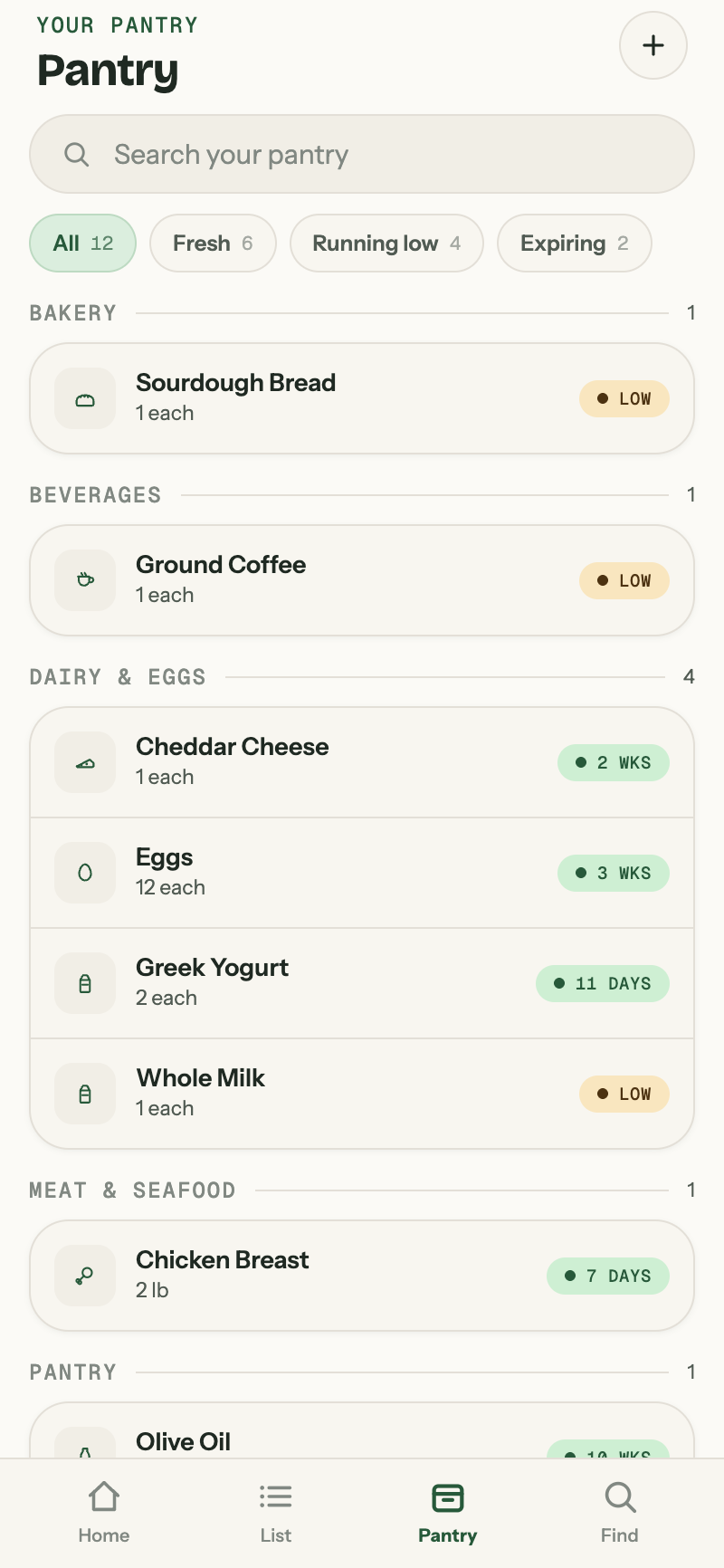Crate pantry with freshness tracking